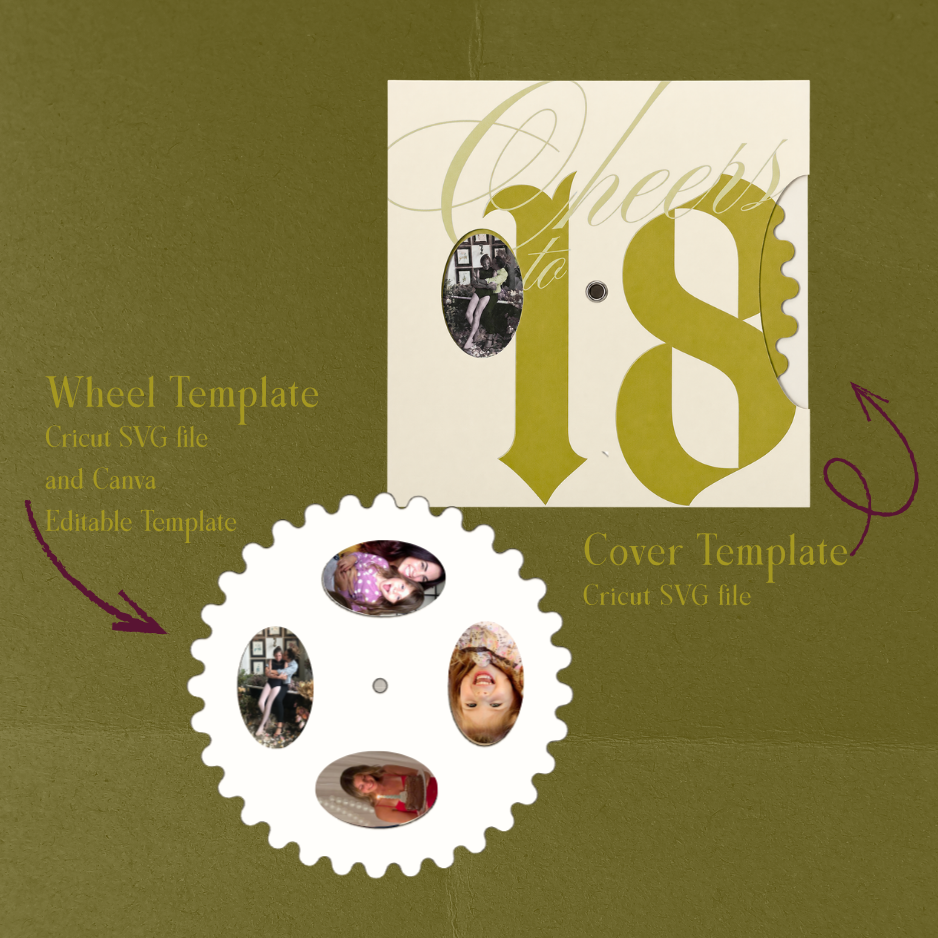 DIY rotating birthday card made with Cricut featuring a customizable age, personal photos and interactive pull-tab wheel.