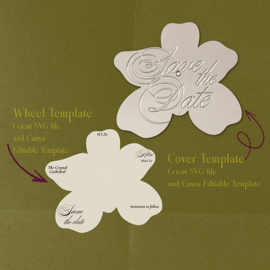 Close-up of embossed silver metallic Save the Date wedding invitation insert with elegant script lettering.