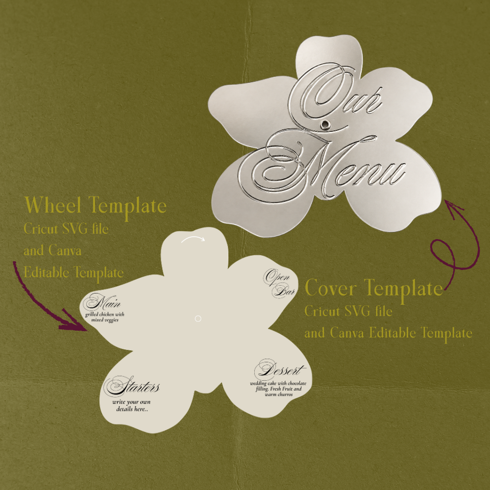 Wedding Reception Wedding Place Card Customizable Canva Editable Template and SVG Cricut Template to create a rotating orchid flower volvelle invitation