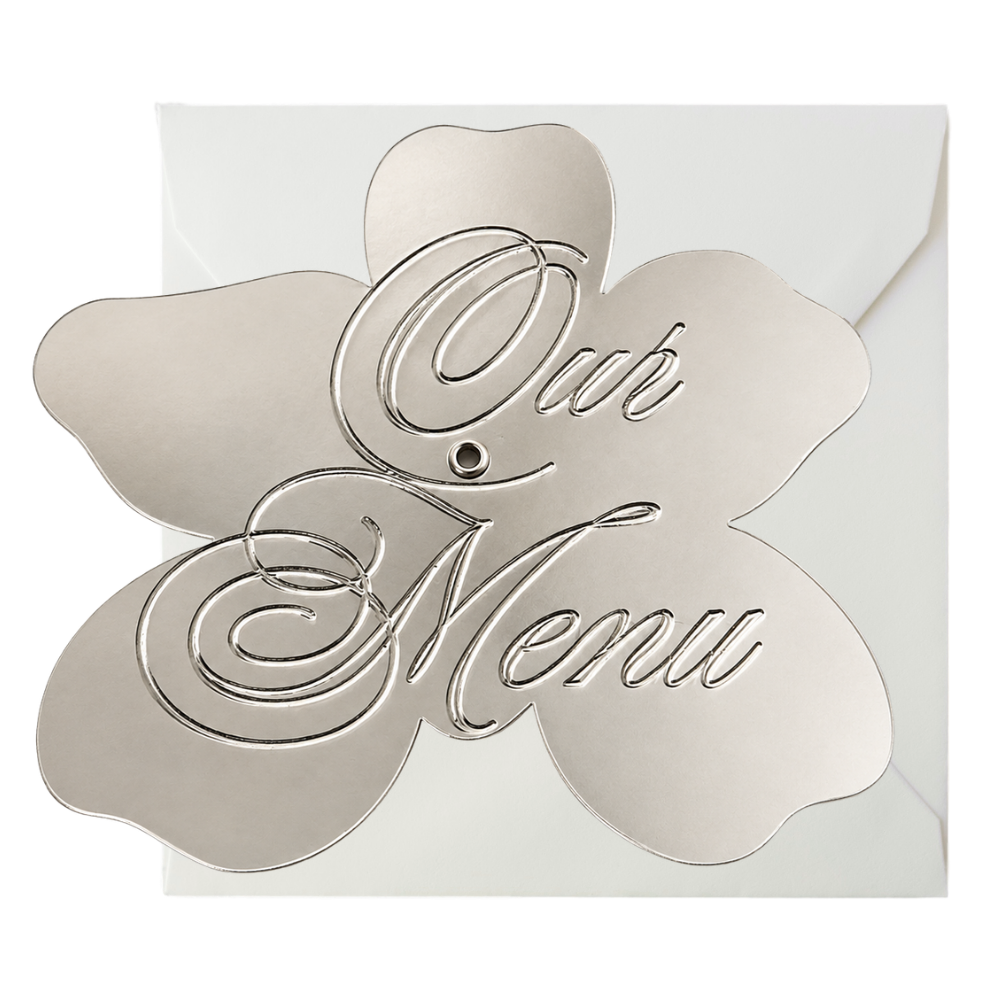 Silver metallic interactive wedding menu card with elegant embossed lettering for luxury wedding receptions.