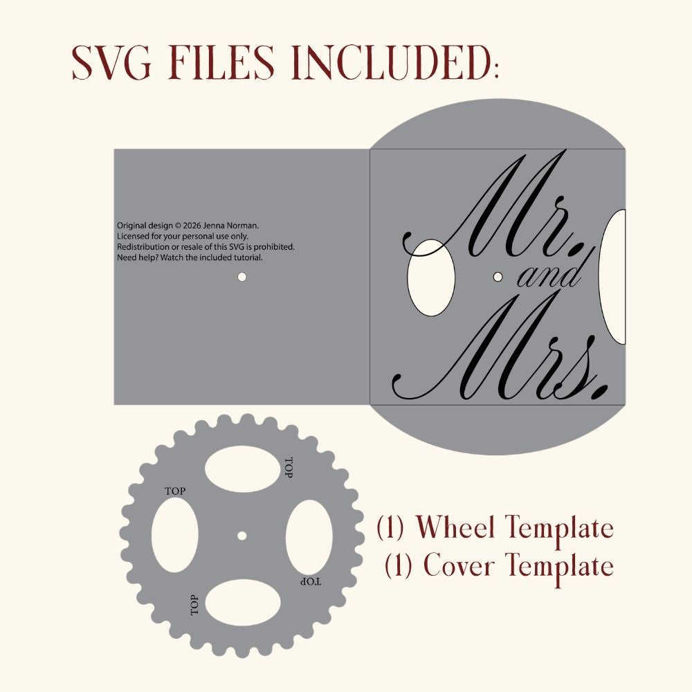 Creative DIY Mr. and Mrs. wedding invitation with a movable volvelle wheel and customizable photo openings.