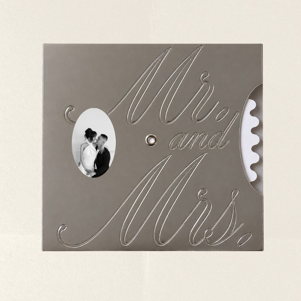 Silver Mr. and Mrs. wedding invitation volvelle with rotating paper wheel, photo window and interactive design.