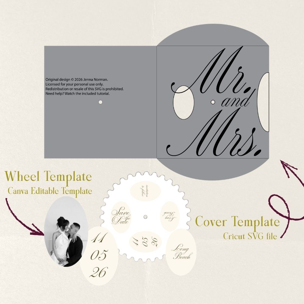 Interactive Mr. and Mrs. wedding card featuring a rotating volvelle wheel with customizable photo windows.