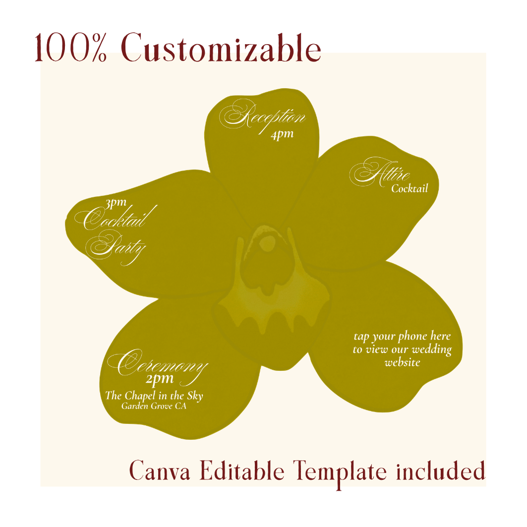 A customizable wedding invitation template with a watercolor orchid flower. 