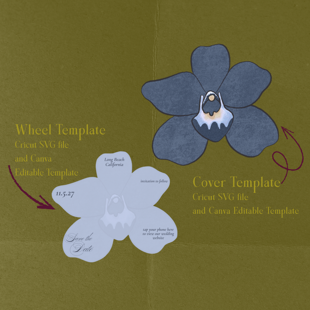 Interactive orchid wedding details card featuring a rotating volvelle wheel for displaying ceremony information, accommodations, timeline, or other wedding invitation suite details.