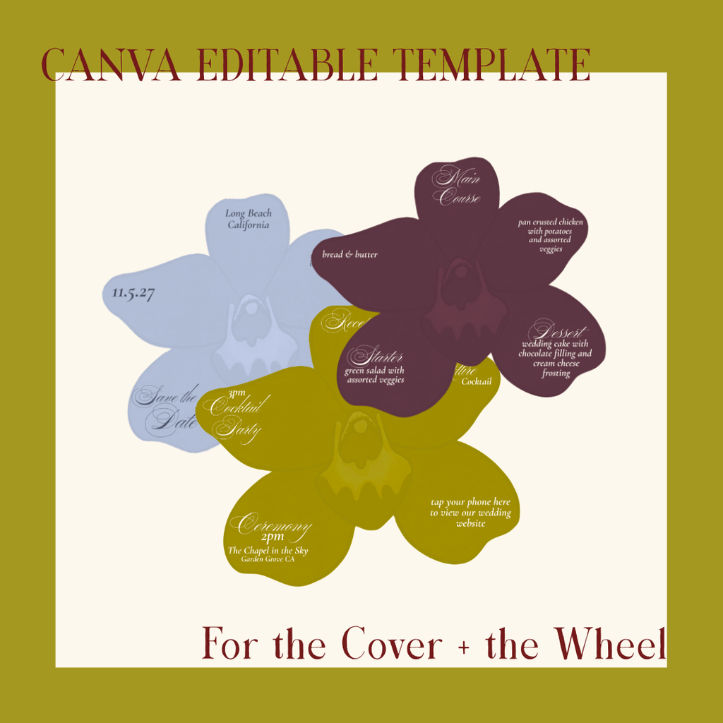 Elegant orchid wedding reception menu with a rotating volvelle design that doubles as a personalized place card and interactive wedding table setting.