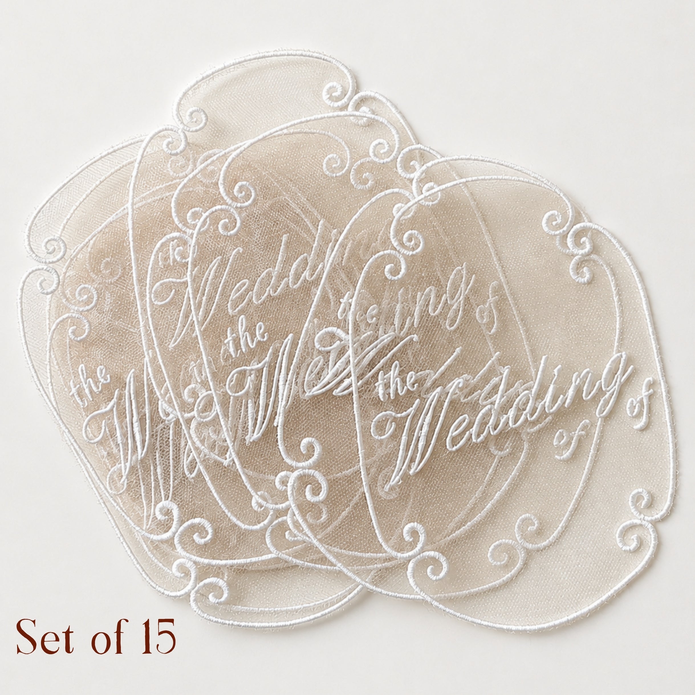 Handmade sheer embroidered wedding invitation topper with white script and vintage-inspired scroll border detailing.