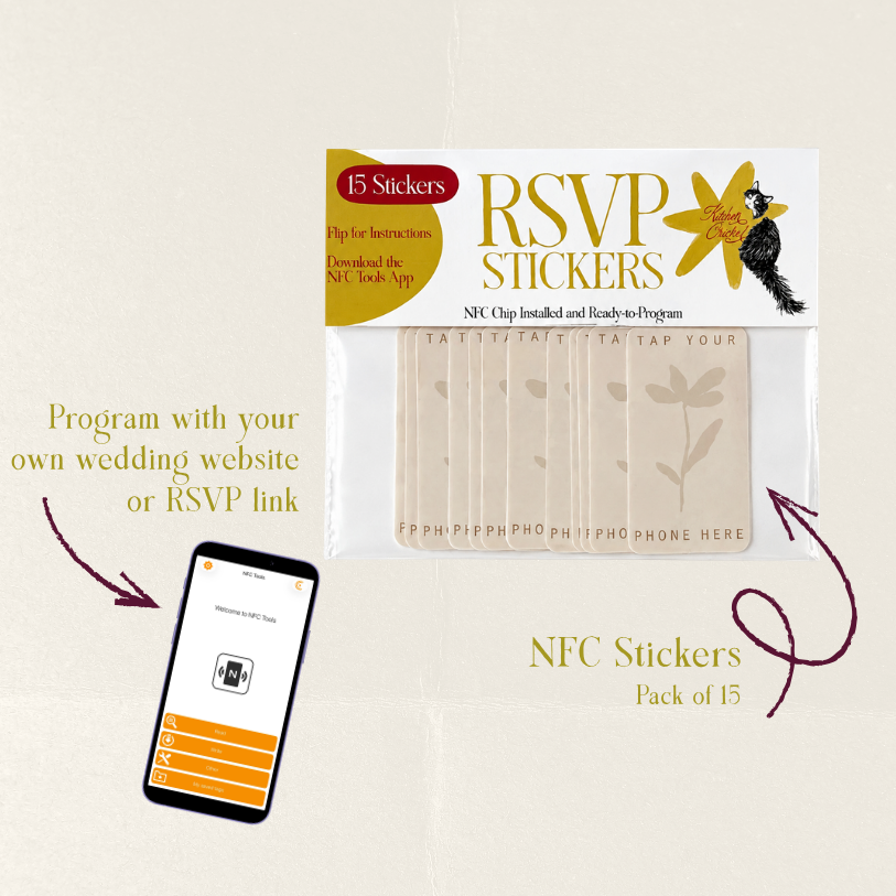 Neutral floral NFC wedding RSVP sticker that lets guests tap their phone to open a wedding website or RSVP link