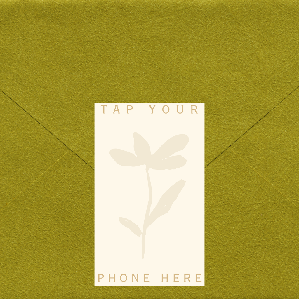 Neutral NFC RSVP stickers for wedding invitations with tap-to-RSVP technology and minimalist floral design