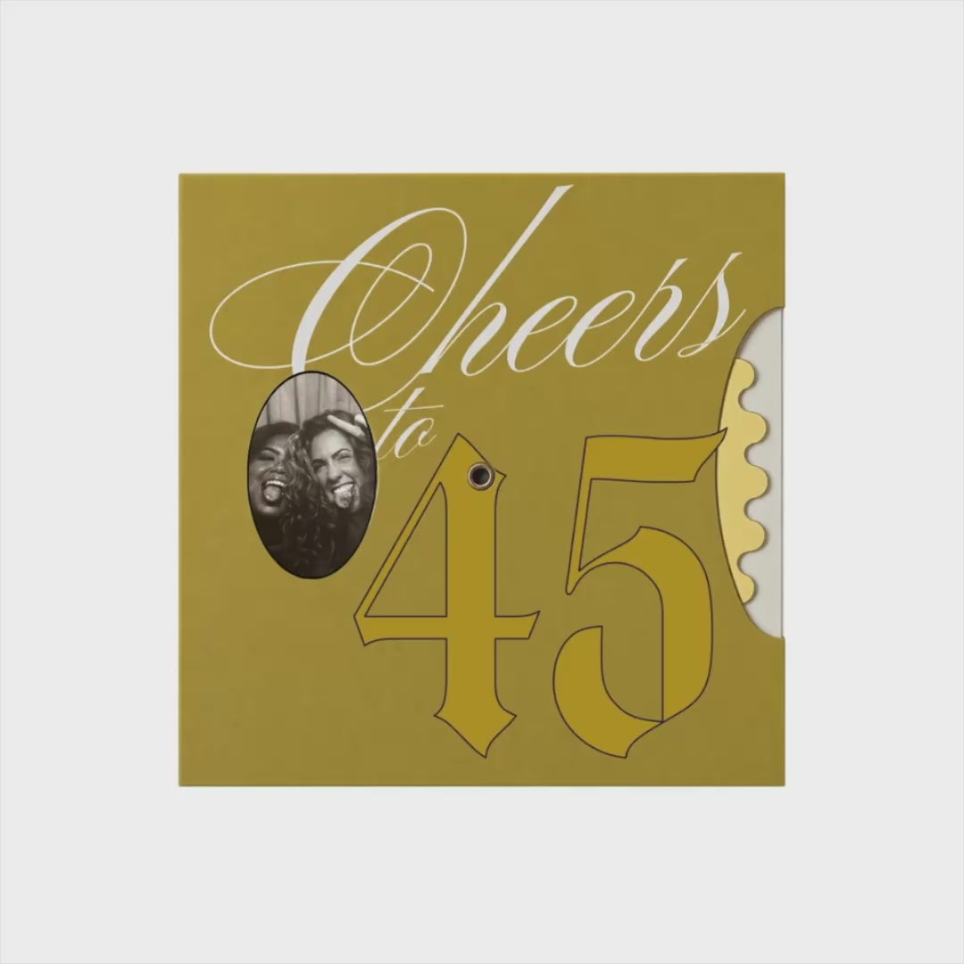 Interactive birthday card volvelle with rotating photo wheel and customizable age, designed as a DIY birthday card SVG for Cricut.