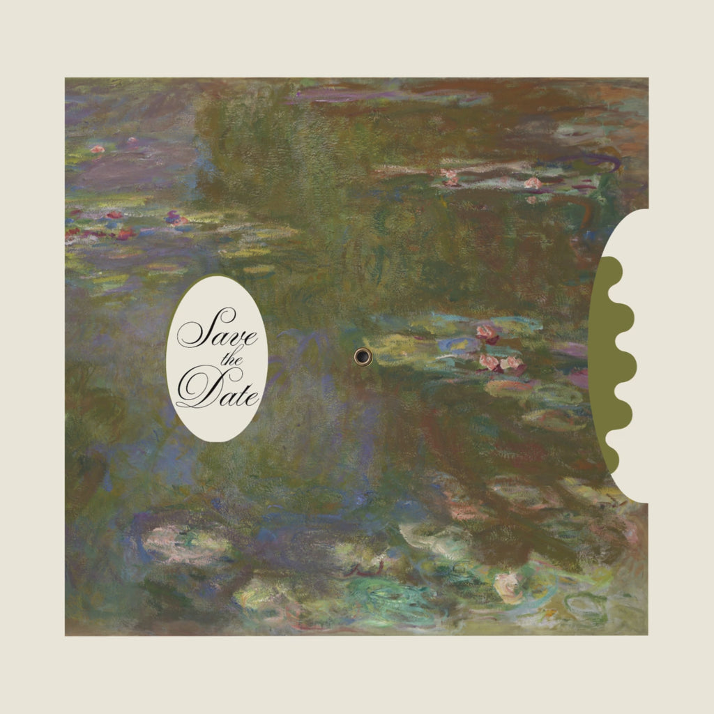 Wedding Invitation Save the Date Volvelle with Monet Water Lilies Painting as the cover