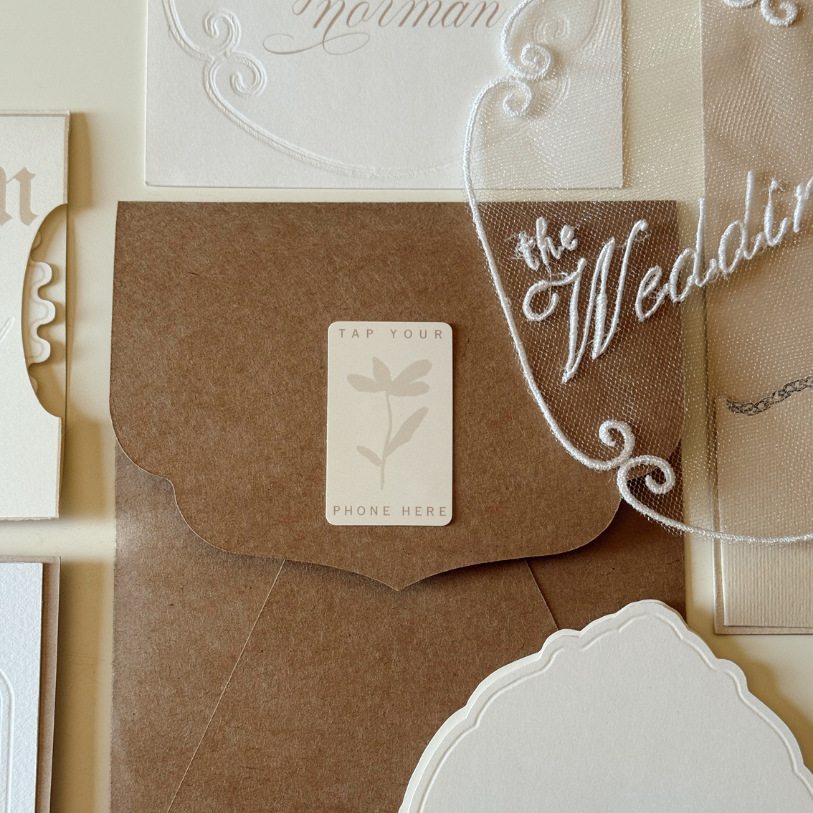 Tap-to-RSVP wedding invitation stickers with built-in NFC chip in a neutral cream floral design